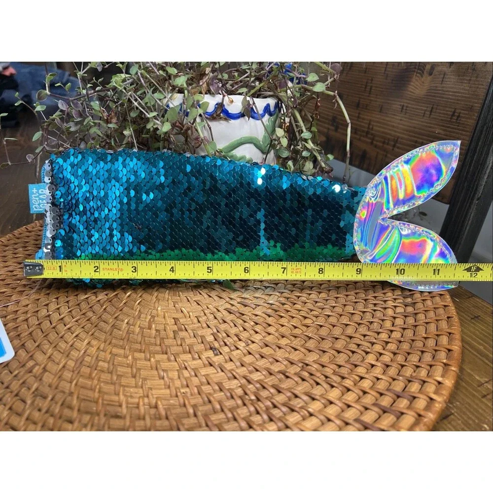 Pen & Gear Mermaid Tail Pencil Pouch Pen Case w/Zipper & Teal/Silver Sequins